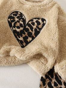 Conjunto de top de manga larga con estampado de dibujos animados de peluche lindo y pantalones térmicos con estampado geométrico forrados, para otoño/invierno - Multicolor - Ver 4