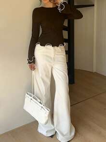 Siren Gaze Elegant Commuter Colorblock Ruffle Trim Fitted Women T-Shirt Winter Brown