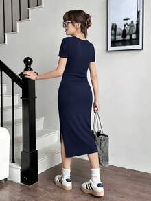 SHEIN Teen Girl Ribbed Waist Ruched Slit Casual Knit Dress - Navy Blue - View 2