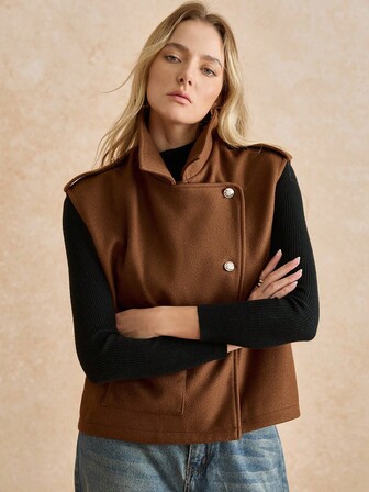 Écloséra Retro Fashion Design New Autumn And Winter Brown Decorative Buckle Large Pocket Woolen Vest Lapel Slim Women's Jacket Women's Autumn Matching Going Out Women's Jacket