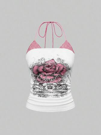 J-Fashion Estilo Y2K Camiseta sin mangas con volantes y encaje con estampado de rosas y detalles de strass en 2 piezas