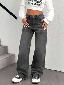 EURMUSE Low Waist Back Jacron Detailed Wideleg Jean - Dark Grey - View 8