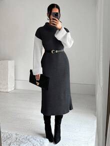EURMUSE Women's Autumn/Winter Contrast Color Turtleneck Drop Shoulder Long Sleeve Fitted Knit Dress - Grey - View 7