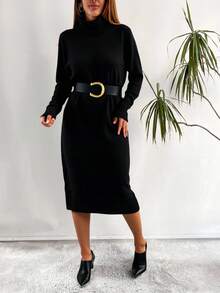 EURMUSE Women's Solid Color High Neck Sweater Dress - Black - View 5