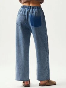 Bohemela 女式休闲针织拼布直筒牛仔裤 - 杏色 - 查看 7