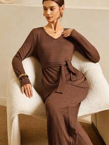 SHEIN Unity Damen braunes, lässiges, elegantes, weiches Fleece 2-teiliges Set Co-Ords, Neuheit für Herbst/Winter Frauen Neujahr Weihnachten Ausgehen Party Pendeln Anlass - Kaffeebraun - Übersicht 5