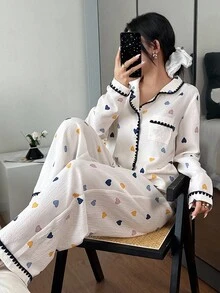 Dream Adore 女士彩色爱心印花撞色翻领长袖上衣和裤子睡衣套装，秋冬服装 - 彩色 - 查看 5
