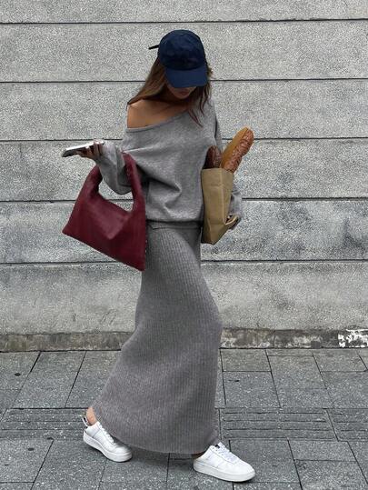 Livesso 女士宽松商务休闲斜领纯色针织上衣和直筒裤两件套西装，优雅办公室通勤装，秋冬