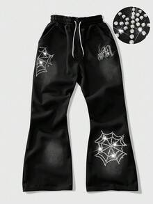 ROMWE MEN Street Life Men's Rhinestone Decor Drawstring Waist Spider Web Wide Leg Sweatpants