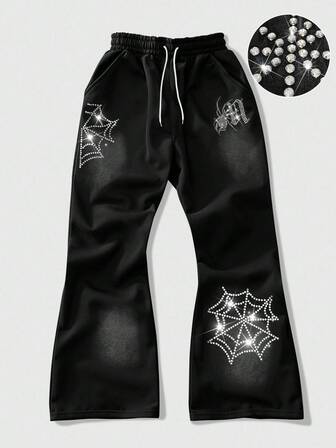 Street Life Pantalon de jogging casual à taille à cordon de serrage et jambes larges avec décoration de strass pour hommes