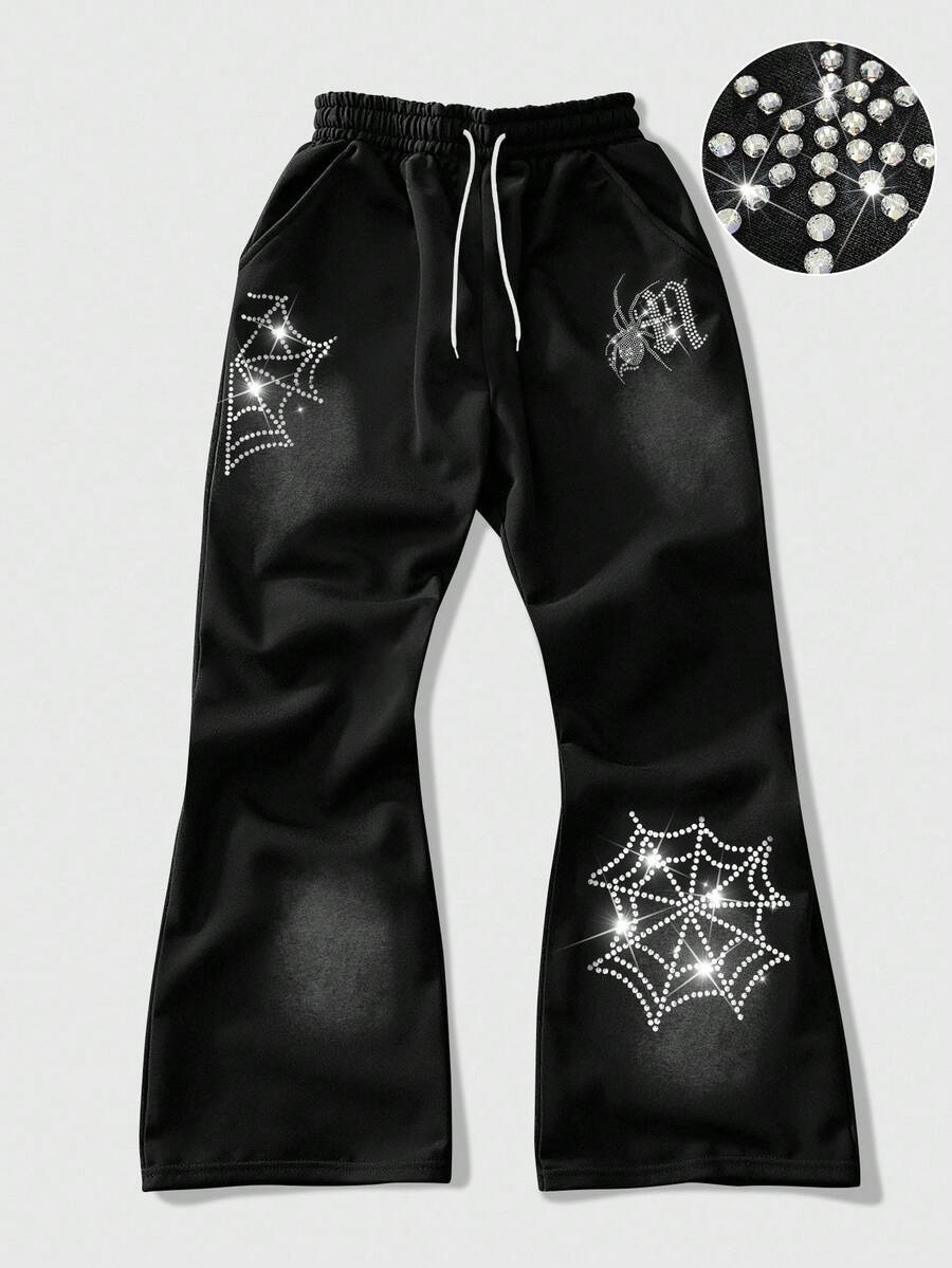 ROMWE MEN Street Life Men's Rhinestone Decor Drawstring Waist Spider Web Wide Leg Sweatpants