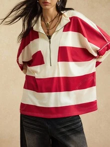 Easelle Vintage Western Cowgirl Damen Sweatshirts Rot gestreifter bequemer Sweatshirt mit Reißverschluss Stehkragen Herbst Winter Damen Sweatshirt - Verschiedenfarbig - Übersicht 5
