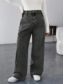 SHEIN Umstandsjeans, lässig und weit geschnitten, gerade Beinform, lässige weite Jeans für den Thanksgiving-Feiertag - Schwarz - Übersicht 6