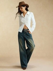 Easelle 1 件女式修身白色梭织衬衫，后背优雅系带，长袖 - 白色 - 查看 3