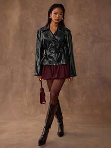 SHEIN BAE 时尚通勤黑色系带风衣 - 黑色 - 查看 3