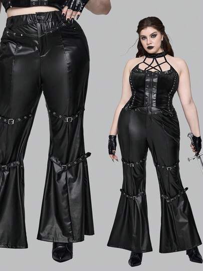 EDITION Plus Size Gothic Leather Lace Patchwork Flare Pants, Plus Size Sexy Tight Fitting Party Bodycon Leggings, Autumn/Winter Pants, Plus Size Women Leather Pants, Party Leather Pants