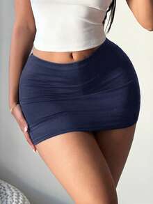 SHEIN SXY Plus Size Women's Solid Color Basic Navy Blue Sexy Casual Mini Bodycon Skirt (With Leggings Included) Dark Blue Skirt Women Skorts