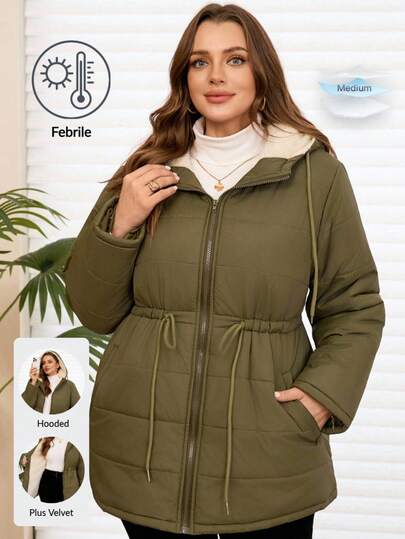 EMERY ROSE Plus Size Women's Solid Color Long Sleeve Drawstring Waist Casual Thermal Lined Hooded Winter Jacket Fall Clothes For Women Winter Clothes Winter Clothes For Women Cozy Fall And Winter Clothes For Women
