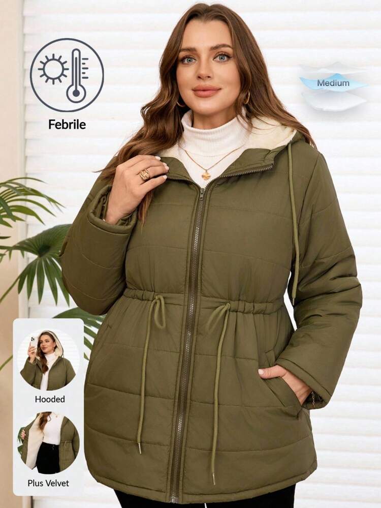 Plus Size Women's Solid Color Long Sleeve Drawstring Waist Casual Thermal Lined Hooded Winter Jacket Fall Clothes For Women Winter Clothes Winter Clothes For Women Cozy Fall And Winter Clothes For Women