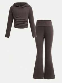 SHEIN 2 件套年轻女孩街头时尚百搭休闲运动服、连帽衫和喇叭裤套装，灰色 - 深灰色 - 查看 2