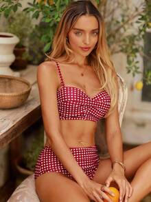 SHEIN Swim 格紋比基尼套裝扭結聚攏內衣和高腰下裝2入組泳衣