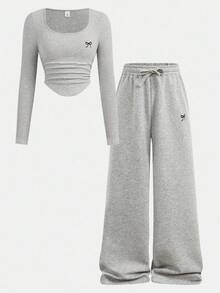 SHEIN Girlism Set de 2 piezas para adolescentes: Body de punto acanalado con bordado de texto "New York" en negro y pantalones casuales retro lavados con ácido, para primavera/verano - Gris Oscuro - Ver 3