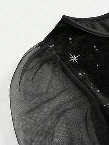 Pitira Tween Girls Partywear,Glitter Silver Star Print Velvet Black Fitted Mini Dress, Contrast Mesh Puff Long Sleeve,Fall/Winter Dress,Halloween,Christmas,Party Going