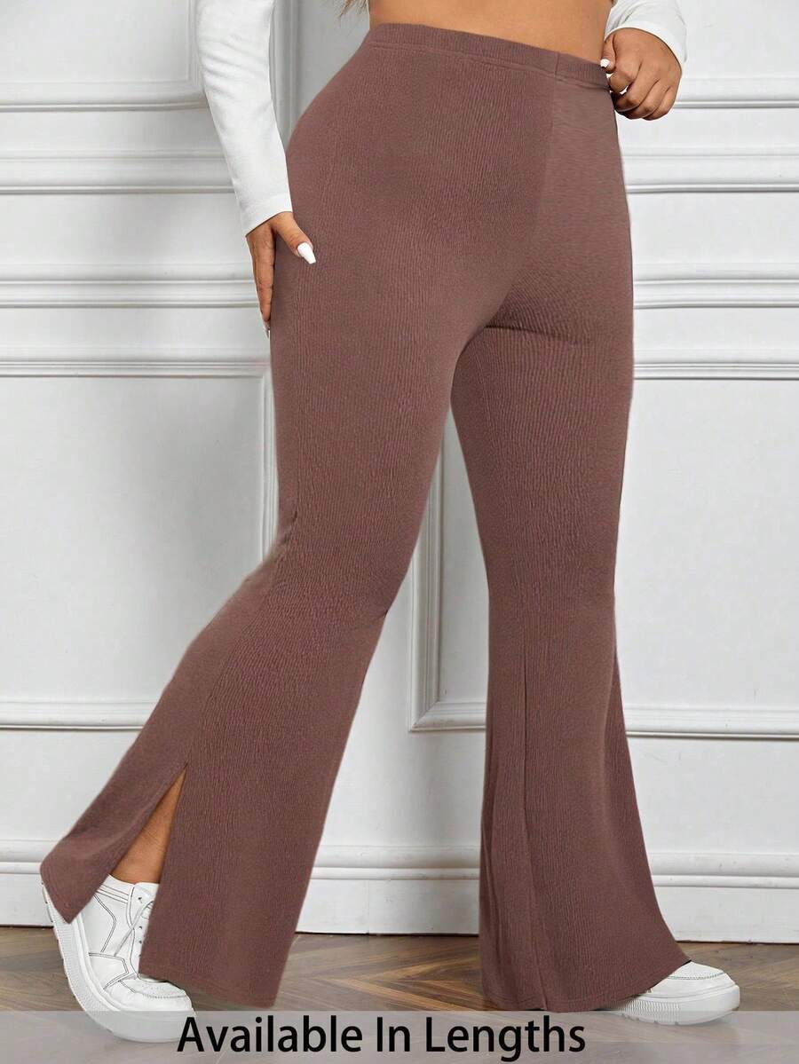 SHEIN PETITE CURVE Plus Petite 女士开衩喇叭裤 - 藕粉色 - 查看 1