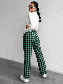 SHEIN Cottnline Women Gingham Print Drawstring Waist Long Pants - Green - View 1