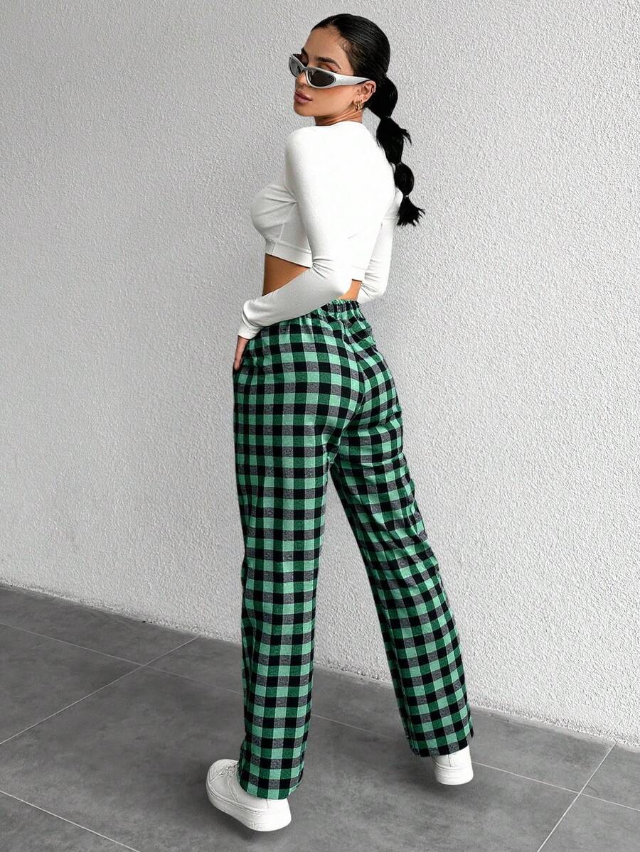 SHEIN Cottnline Women Gingham Print Drawstring Waist Long Pants - Green - View 1