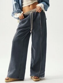 Bohemela Quần nỉ boho ống rộng dệt kim màu trơn đơn giản, lót nhiệt dành cho nữ, Thu/Đông - màu nâu - Xem 2