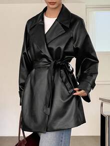 DAZY Veste coupe-vent mi-longue en PU pour femmes, décontractée et polyvalente