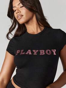 Missguided x Playboy 复古风格婴儿 T 恤玫瑰金金属徽标印花修身短袖上衣基本款棉质弹力修身节日俱乐部派对 - 黑色 - 查看 3