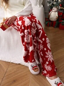 Louniche Women's Loose Fit Christmas Fuzzy Snowflake & Deer Print Pants - Red - View 7
