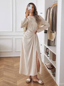 Louniche 女士优雅简约高端休闲度假通勤舒适纯色亚麻圆领前褶金属装饰松紧腰长袖长裙，春秋冬 - 杏色 - 查看 1
