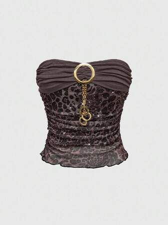 Grunge Punk Blusa aderente con catena metallica e strass a motivo di leopardo e preludio per le donne