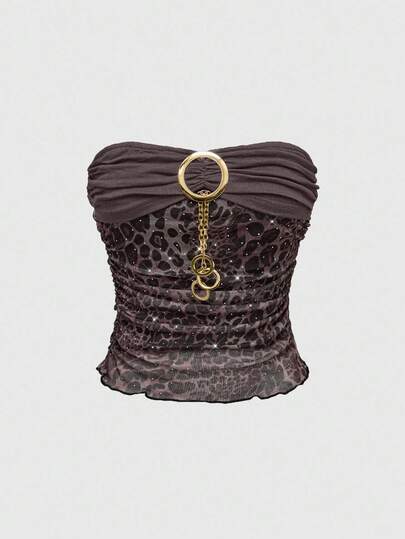 Grunge Punk Leopard Print Rhinestone Metallic Chain Necklace Tight Fit Blouse For Women