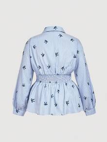 SHEIN MOD Plus Size Striped Collared Ruched Elegant Shirt, Striped Bow Print, Blue Striped Shirt, Ruched Waist, Back Ruched - Blue - View 3