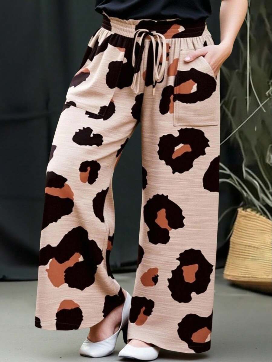 EMERY ROSE Plus Size Casual Leopard Print Pants, Suitable For Summer Bottoms Suitable For Going Out - Multicolor - View 1