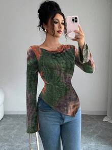 Elenzga Fashionable Sexy Waist Cinched Flare Sleeve Design Women T-Shirt - Multicolor - View 5