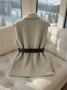 SHEIN PETITE Elegante chaleco de punto con bolsillo y cuello en V de estilo casual para mujer, de corta longitud