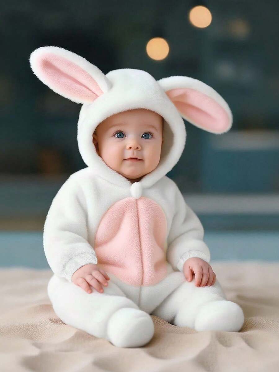 SHEIN Newborn Plush Fabric Hooded Romper With Cute 3D Rabbit Ears, Long Sleeve Long Pants Winter Outfit For Kids - White - View 1