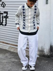 Manfinity CasualKnits Men's Casual Geometric Striped Pattern Drop Shoulder Loose Button-Front Cardigan, Autumn/Winter Men Knitted Button Up Crochet Men Shirt White And Blue Graphic Shirt Men Men Cardigan Sweater Read Antique White And Blue Shirts Men - Multicolor - View 6