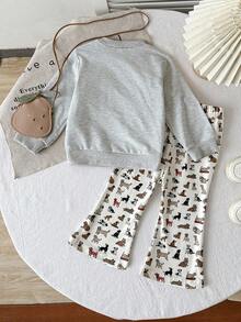 2 件套女婴时尚休闲舒适柔软针织面料圆领套头衫，搭配 3D 刺绣贝雷帽和条纹长袖喇叭裤套装 - 淺灰色 - 查看 2