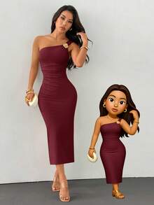 SHEIN PETITE Gold Color Brooch Decor Asymmetric Neck Ruched Fishtail Dress ,Dresses For Women Elegant - Burgundy - View 2