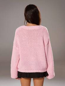 TRNVIE 1 件女士开衫，粉色，休闲学院风深 V 刺绣镂空宽松针织毛衣 - 粉色 - 查看 2