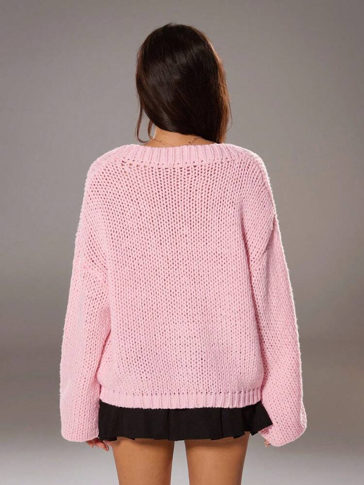 TRNVIE 1pc Women's Cardigan, Pink, Casual College Style Deep V Embroidery Hollow Out Loose Knit Sweater - Pink - View 2