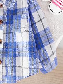 SHEIN Baby Girl In Spring And Autumn, Fashionable, Simple, Retro, Versatile Rose Red Plaid Wool Warm Long-Sleeved Lapel Button-Up Shirt Jacket, Daily Wear, Must-Have - Blue - View 3