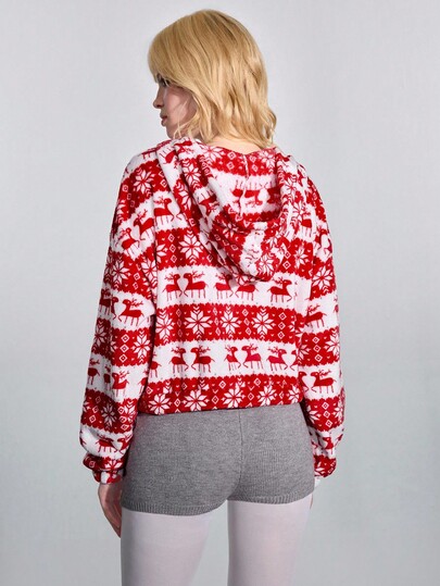 ROMWE Avant Christmas Reversible Fleece Snowflake & Deer Graphic Hoodie