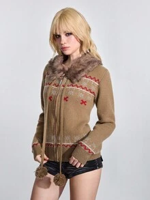 ROMWE Avant Cárdigan con capucha de manga larga, estilo universitario retro Y2K, con estampado jacquard marrón de estilo Fair Isle y textura suave para mujeres - Café integral - Ver 5